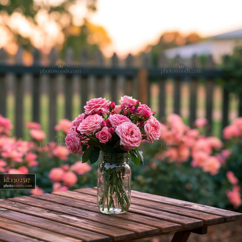 Cottage garden with blooming roses in a glass vase