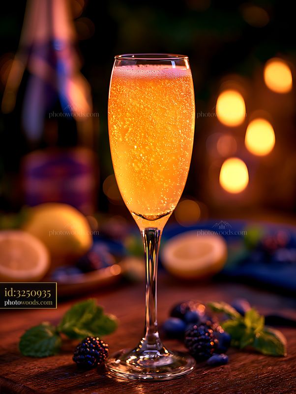 Glowing sparkling drink in a champagne flute with berries