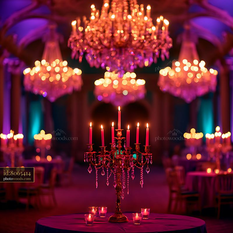 Elegant chandelier lighting in a decorated event space