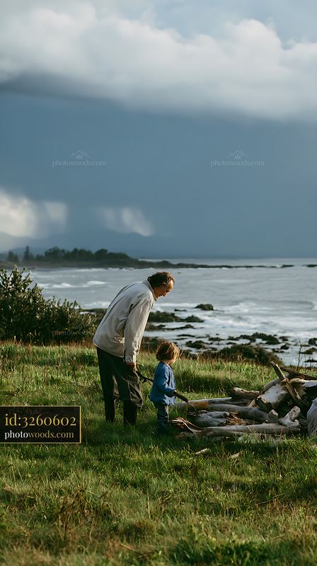 Grandparent and child exploring seaside meadow under dramatic clouds