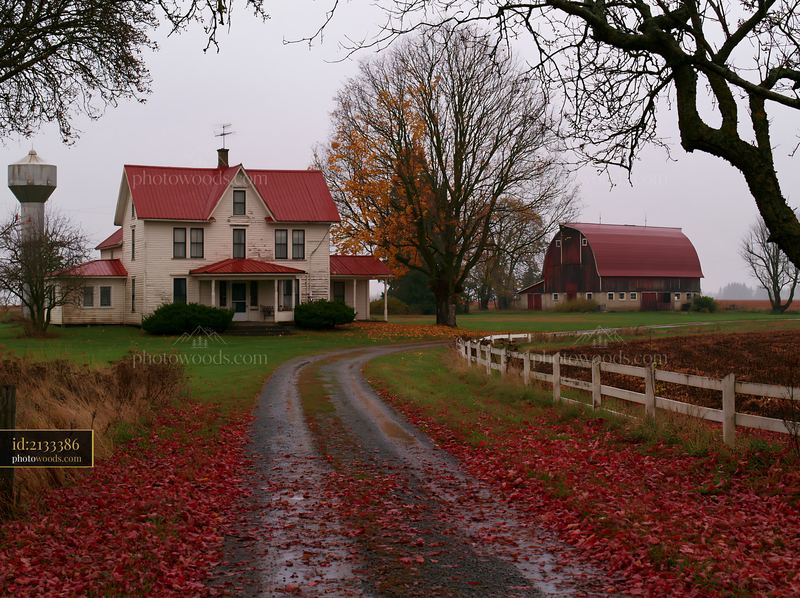Old farmhouse with barn in autumn setting