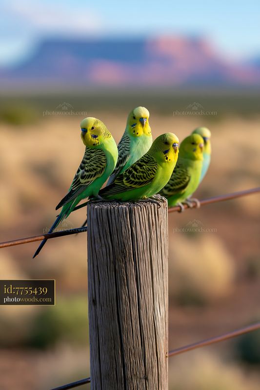 Budgerigar flock perches on a wooden post in desert landscape