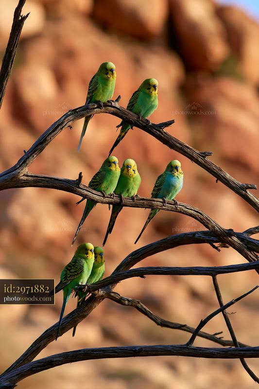 Budgerigar flock rests on branches in desert landscape