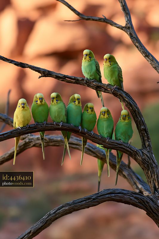 Budgerigar flock perched on a branch in desert landscape