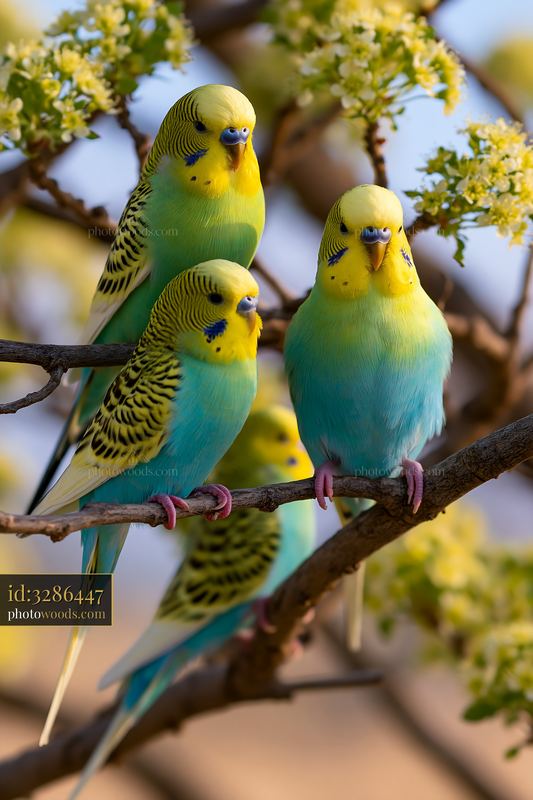 Budgerigar flock perched on branches in desert landscape