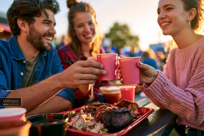 Friends enjoying pig roast at food festival during sunset