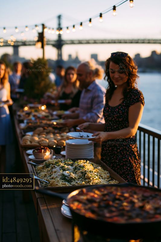 Rooftop buffet dinner with guests enjoying a scenic view