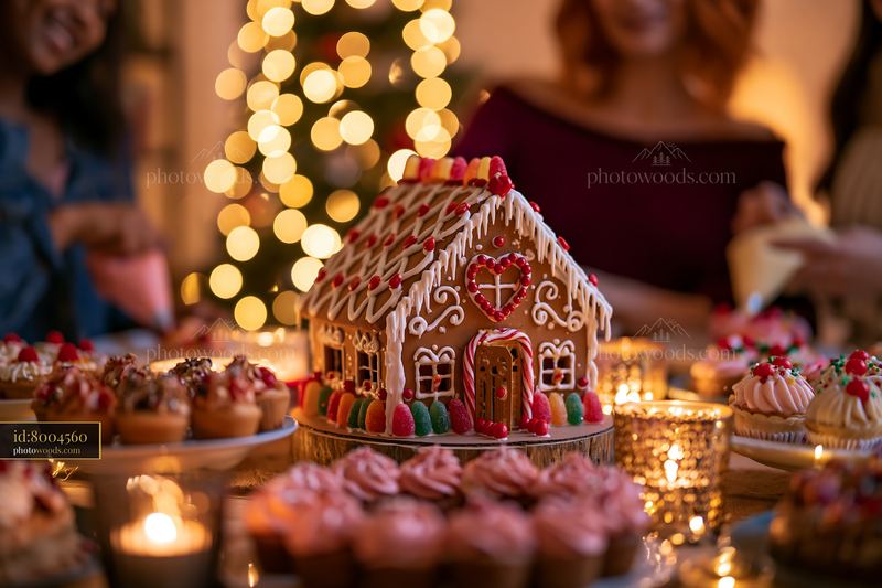 Family assembling gingerbread house with cupcakes and candles