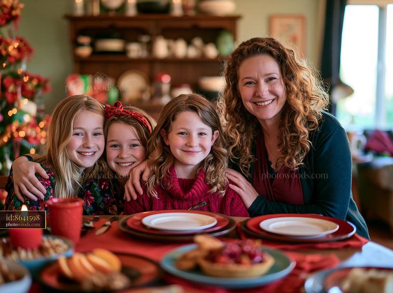 Family gathering around the table for Christmas brunch