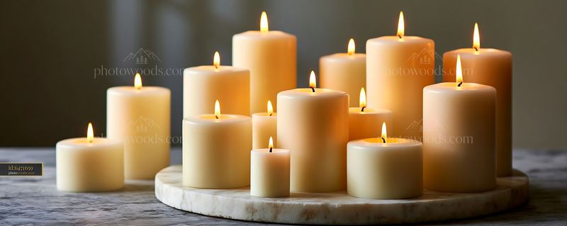 Decorative arrangement of burning candles on a tray