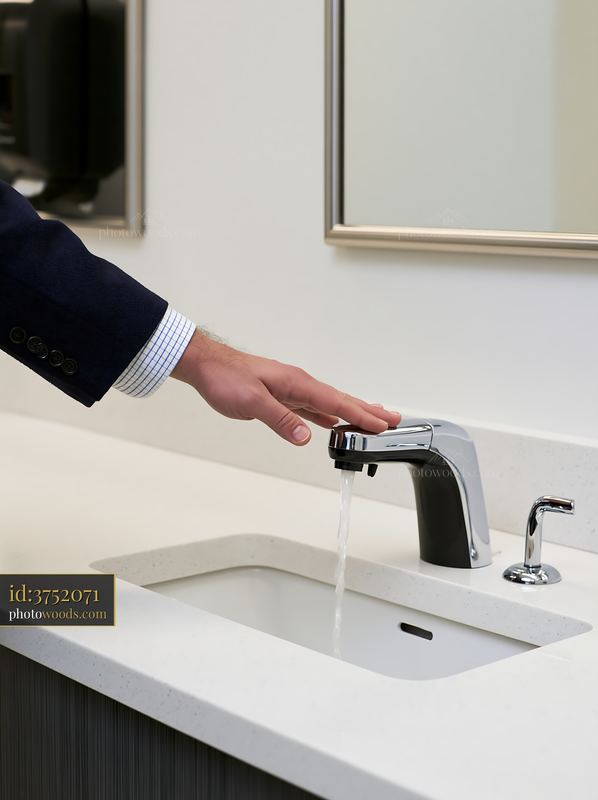 Accessible touchless faucet in modern office restroom