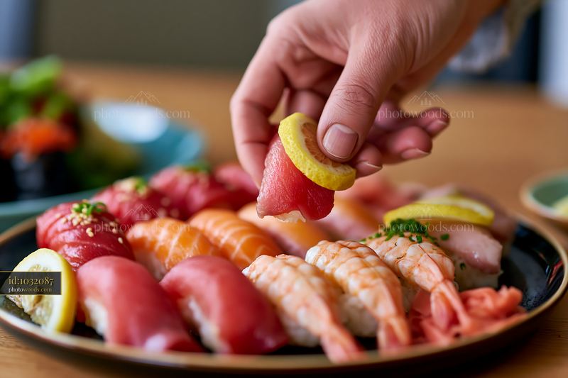 Sushi with lemon garnish close-up on a wooden table
