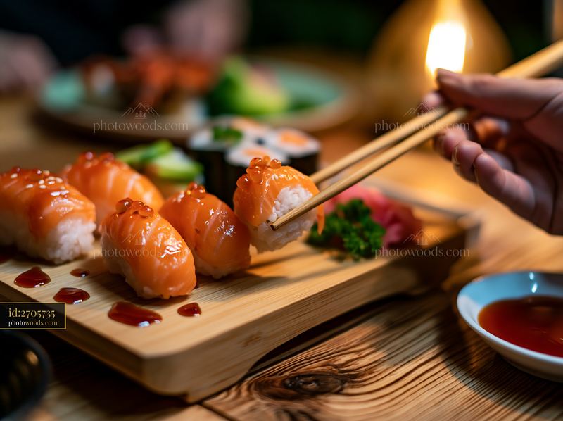 Single sushi piece ready to eat with chopsticks on a wooden table