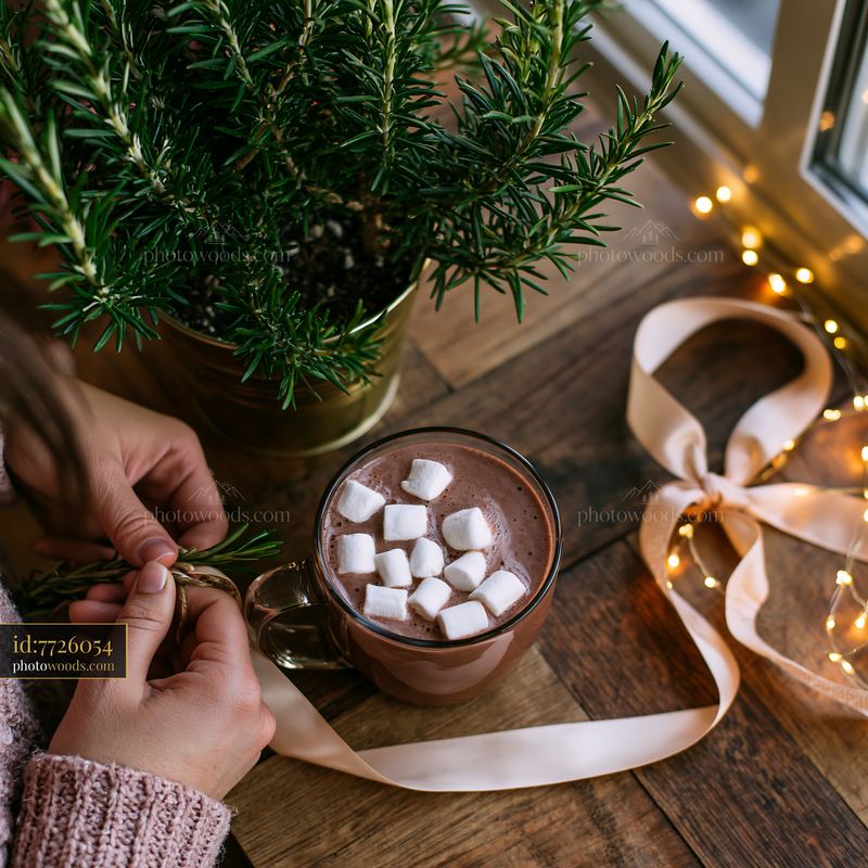 Warm cocoa with marshmallows beside a potted evergreen tree