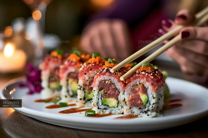Spicy tuna roll close-up on a plate with chopsticks