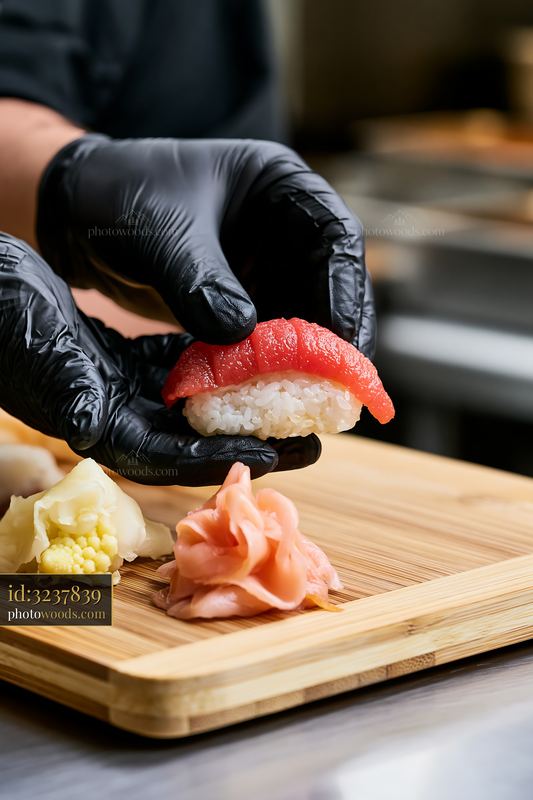 One sushi piece with pickled ginger on a wooden board