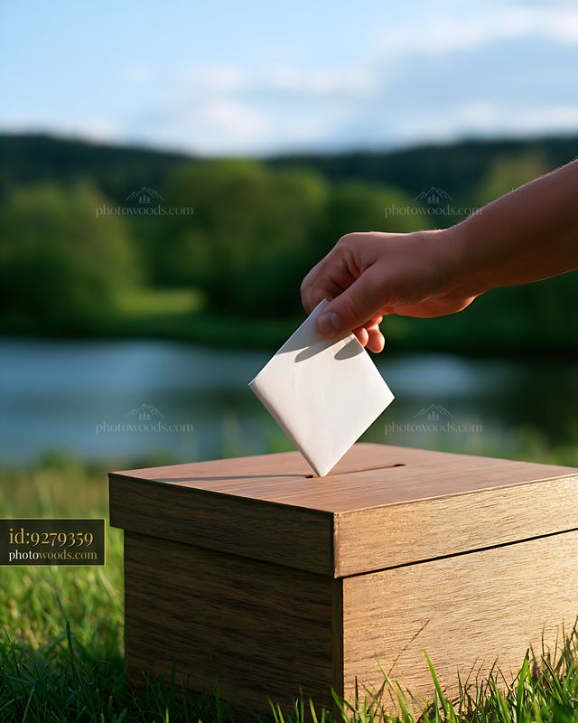 Voting in a wooden ballot box near a peaceful lake