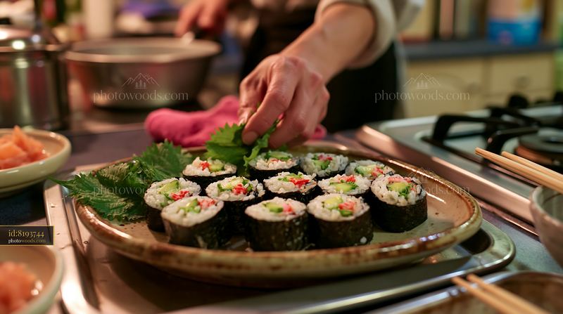 Sushi with shiso leaves prepared in a kitchen