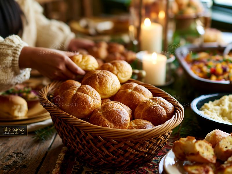 Holiday buffet dinner with a variety of food on a wooden table