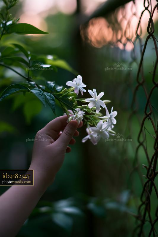 Jasmine flowers at dusk with hand reaching through a fence