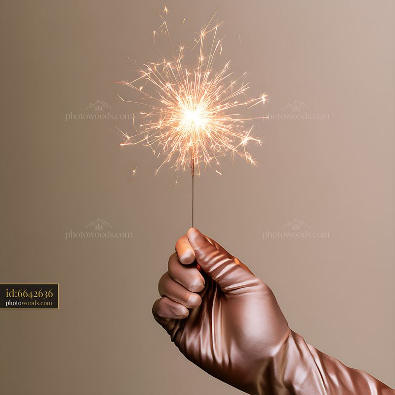 Hand holding a sparkler with sparks flying in a neutral setting