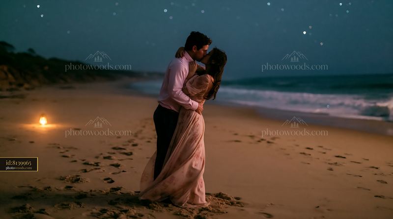 Happy couple kissing beneath stars on the beach at night