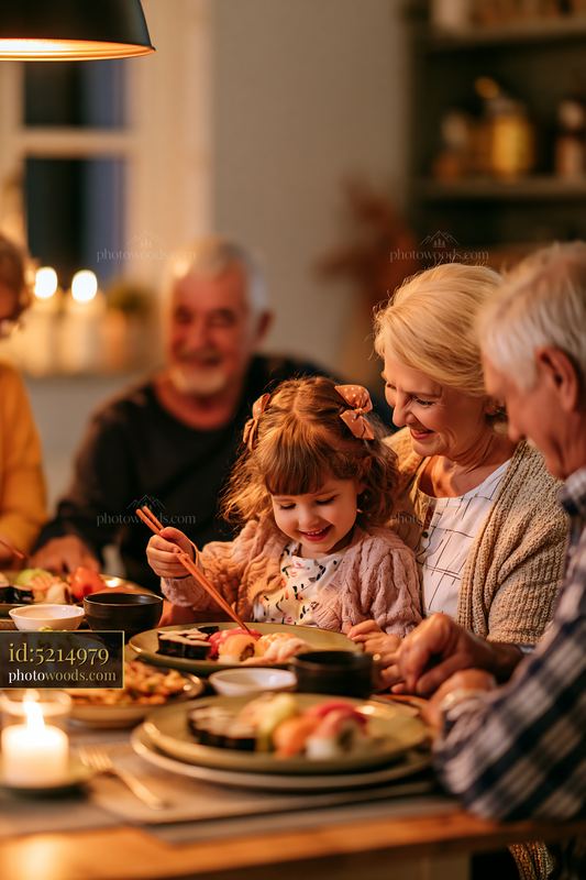 Family enjoys sushi dinner at home with warmth and smiles