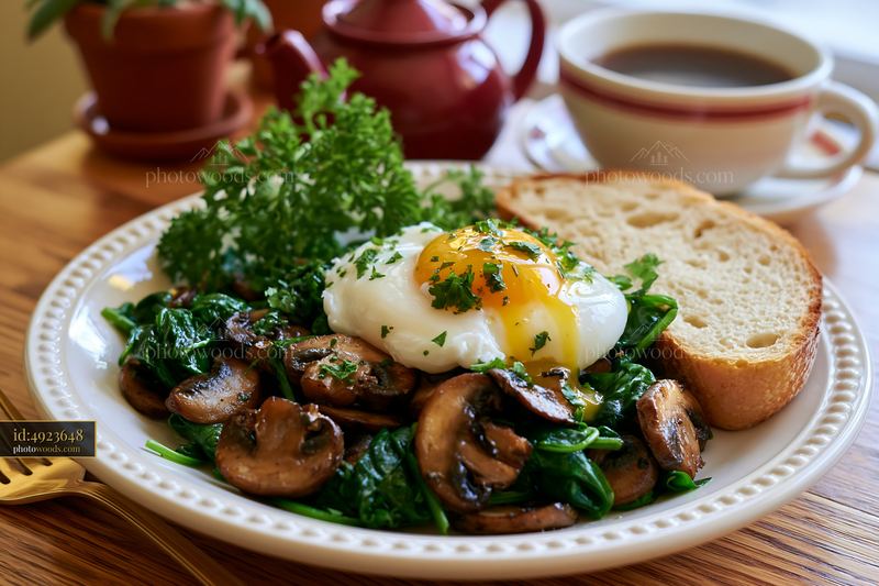 Healthy breakfast plate with eggs, greens, and toast on wooden table