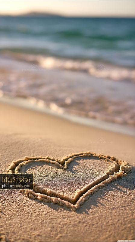 Heart shape drawn in sand on a beach with waves in the background