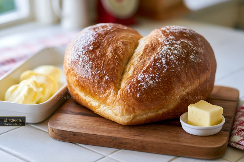 Heart-shaped bread loaf on kitchen counter with butter
