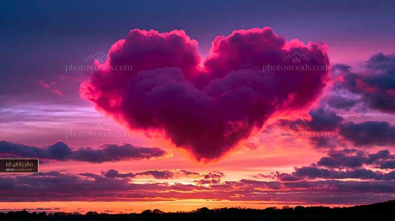 Heart-shaped cloud in vibrant sunset sky