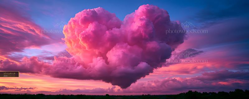Pink heart-shaped cloud in a colorful sunset sky