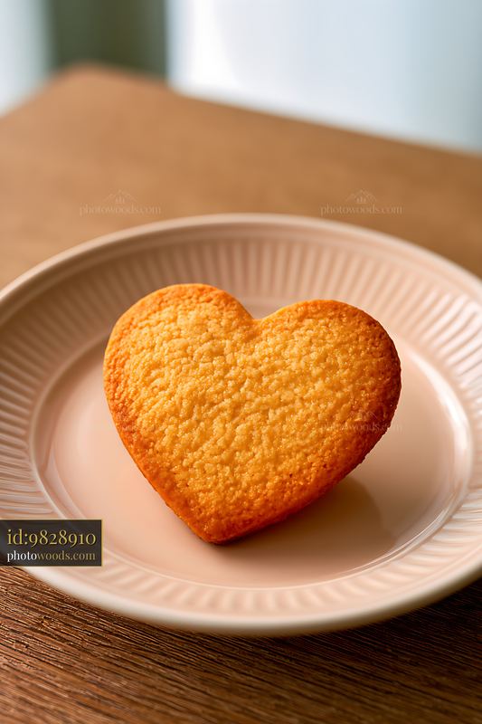 Heart-shaped cookie on a plate resting on a wooden table
