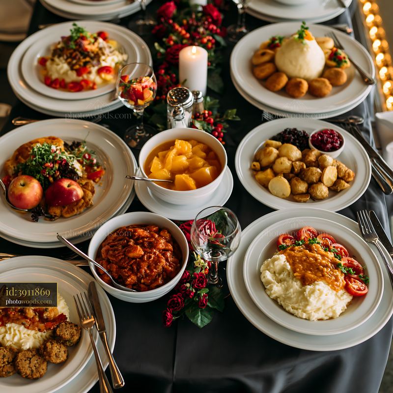 Delicious holiday buffet dinner with a variety of dishes