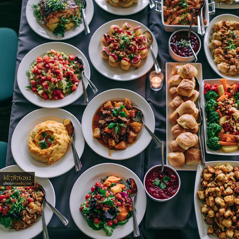 Festive holiday buffet dinner with an array of dishes