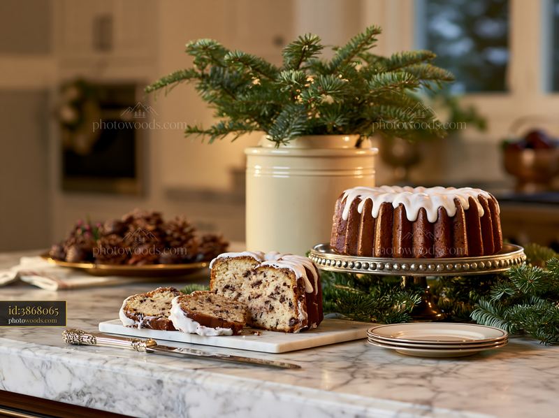 Opulent kitchen with holiday cake display and festive decorations