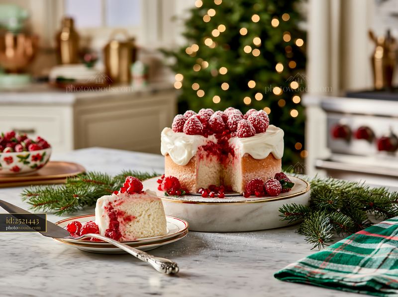 Opulent kitchen with holiday cake display featuring fresh berries