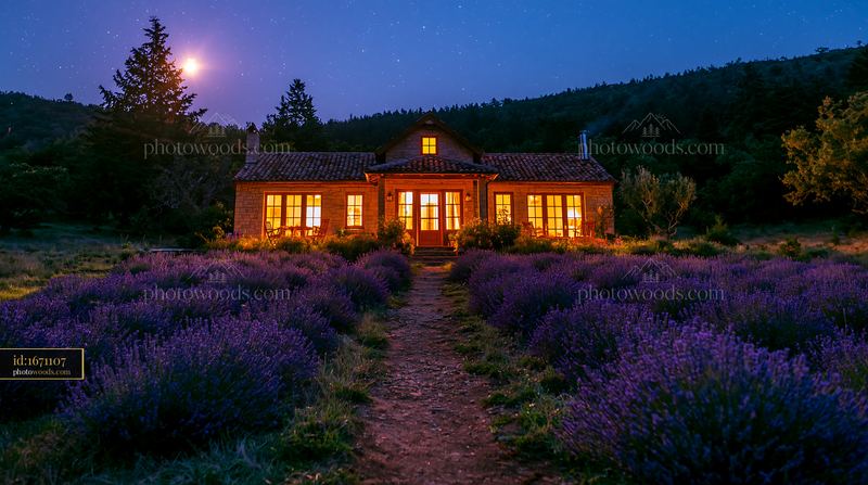 Holiday home illuminated by stars and surrounded by lavender