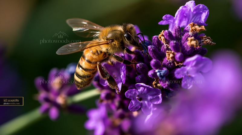 Honey bee closeup on purple lavender flowers in a garden