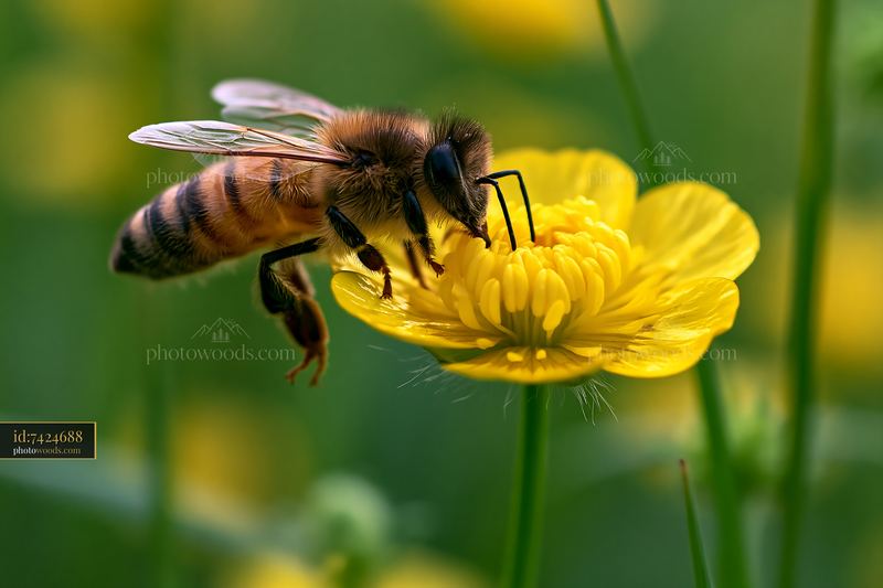 Honey bee closeup with visible hairs on a yellow flower