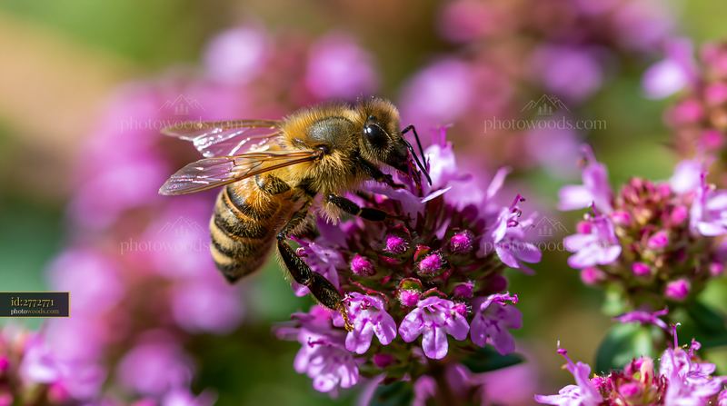 Honey bee collecting nectar from thyme flower in garden