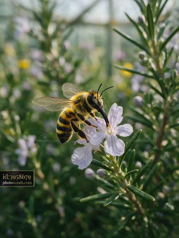 Honey bee visiting a rosemary flower in a garden setting