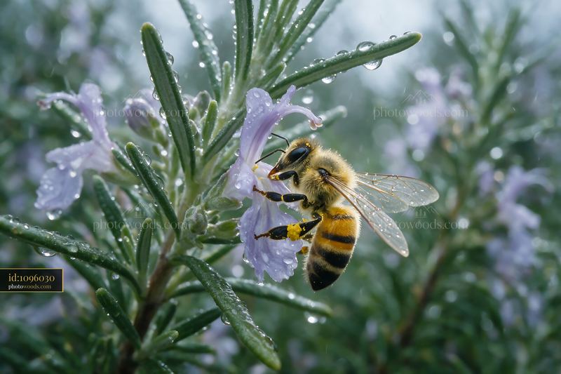 Honey bee collecting nectar from rosemary flower