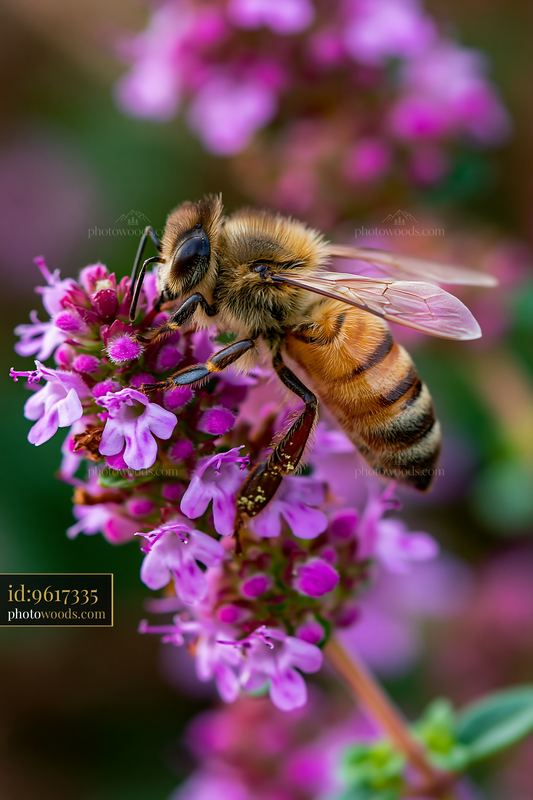 Honey bee perched on stem with vibrant flowers