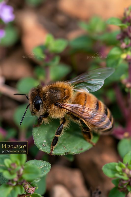Honey bee resting on leaf under natural light