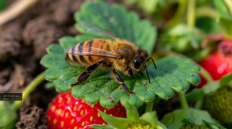 Honey bee resting on green leaf near ripe strawberries