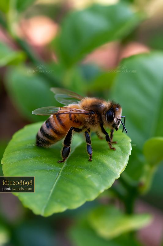 Honey bee resting on a green leaf under natural light