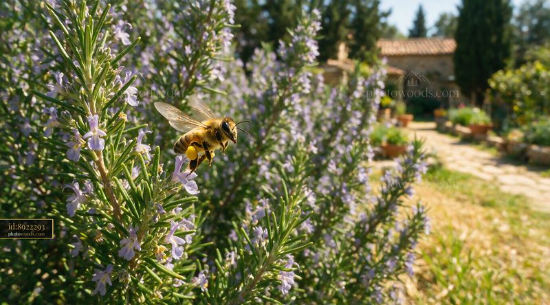 Honey bee takes off from flower in garden setting