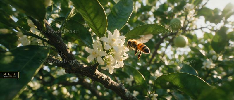 Honey bee taking off from flower in a garden setting