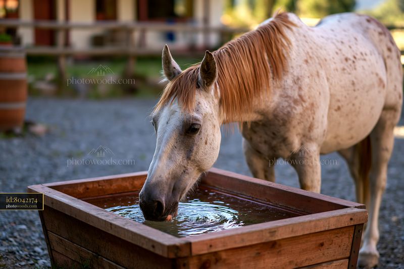Horse drinking from trough in rural setting